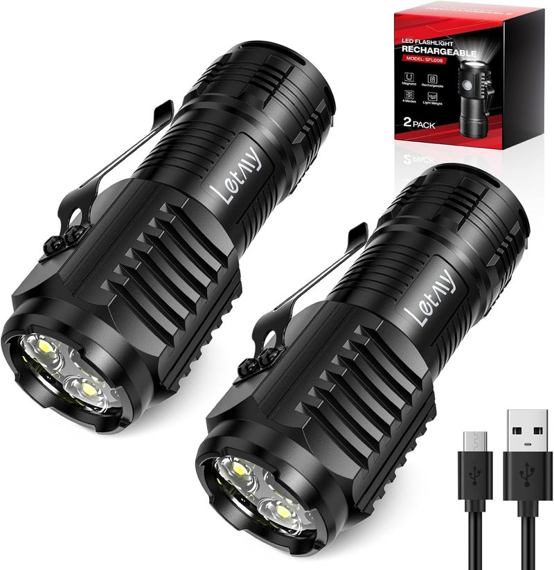 LETMY Rechargeable Mini Flashlights with Magnetic Base, 2 Pack Bright 3 LED Flash Lights, Small EDC Flashlight with Belt Clip, 4 Lighting Modes Portable Rechargeable Flashlights for Camping Home - Image 1
